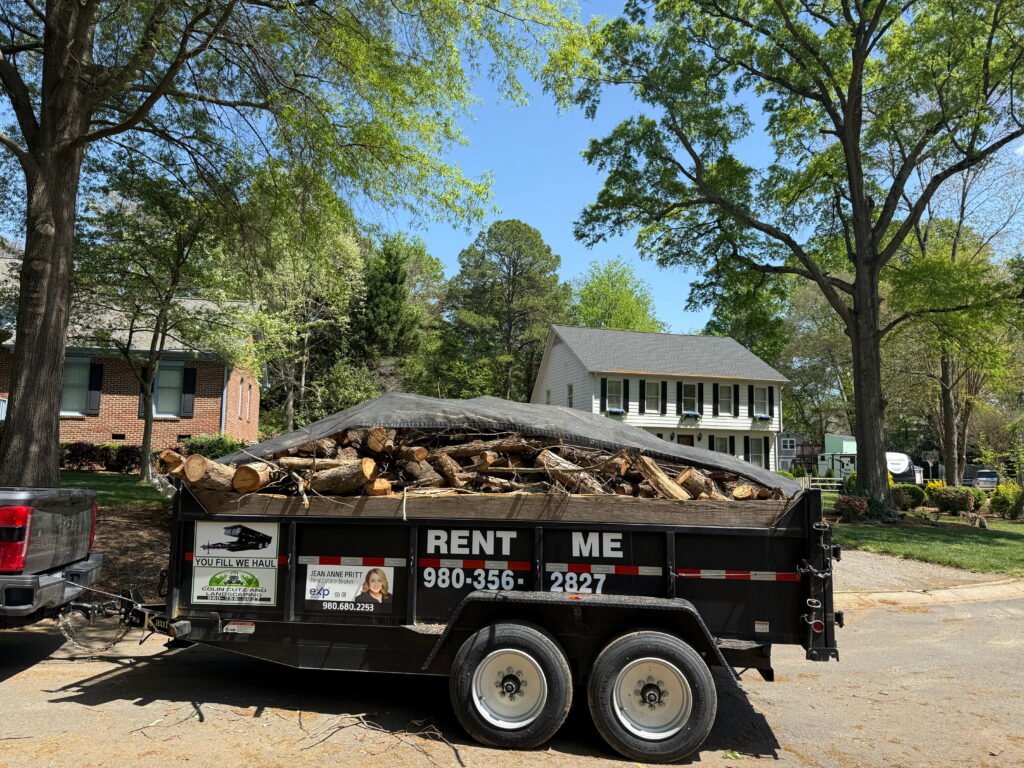 Professional yard waste removal and debris hauling service featuring a loaded dump trailer filled with logs and branches.