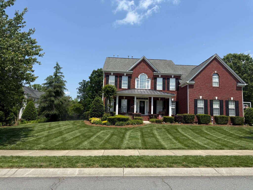 Residential lawn after a seasonal maintenance visit including mowing, edging, and blowing.